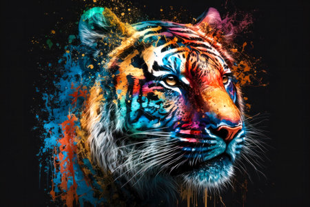 Colorful portrait of a tiger with colorful paint splashes on black backgroundの素材