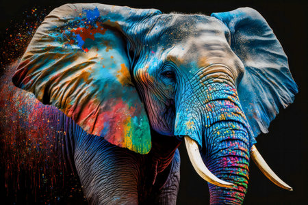 Elephant with colorful paint splashes on black background, close upの素材
