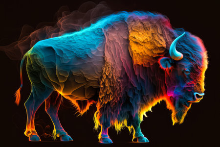 Bison with multicolored smoke on a black backgroundの素材