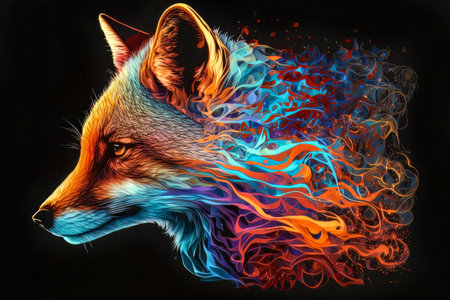 Colorful portrait of a fox with fire flames on a black backgroundの素材