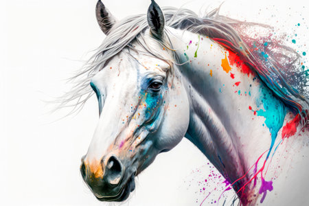Portrait of a white horse with multicolored paint splashesの素材