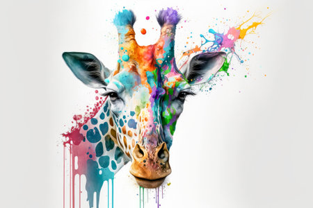 Giraffe head with colorful paint splashes on white background.の素材