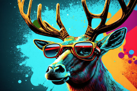 Deer with sunglasses and colorful grunge background.の素材