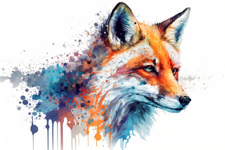 Watercolor portrait of a fox with colorful splashes on white backgroundの素材
