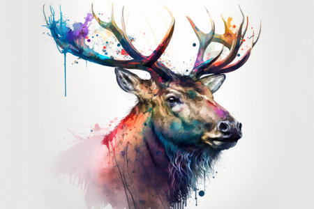 Painting of a deer head with colorful paint splashes on white backgroundの素材