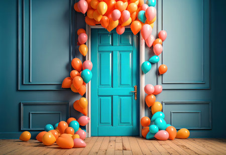 Blue door with colorful balloons on the wall.の素材