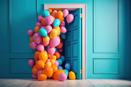 Colorful balloons in front of a blue door.の素材