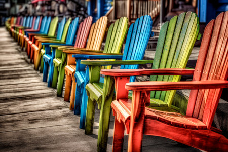 Colorful chairs in a row on a wooden deck.の素材