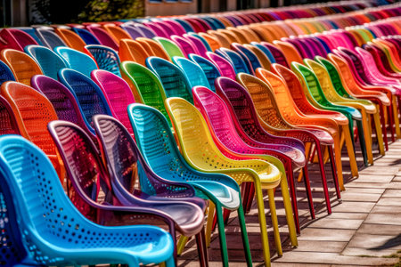 Colorful plastic chairs in a row in a row in a rowの素材