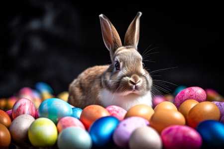 Easter bunny and colorful eggs on dark background.の素材