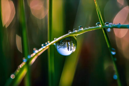 Fresh grass with dew drops close-up. Nature background.の素材