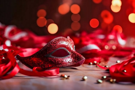 red carnival mask on a wooden background with bokeh lightsの素材