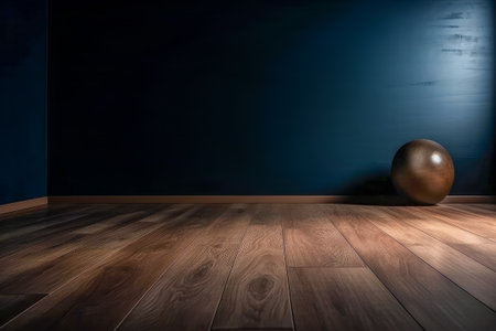 Bowling ball on a wooden floor against a dark blue wall backgroundの素材