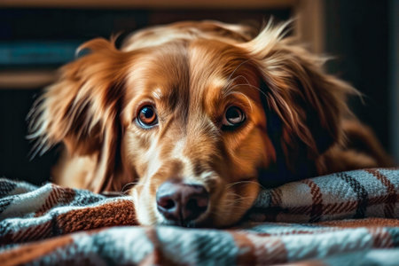 Cocker Spaniel dog lying on a plaid and looking at the cameraの素材