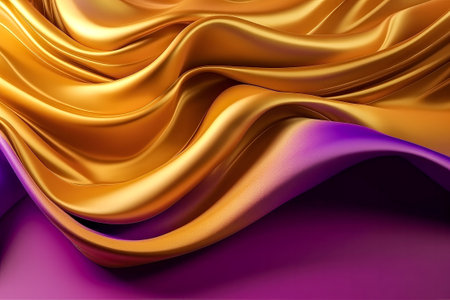 Abstract wavy background of golden and purple silk.の素材