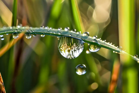 Dew drops on the blade of grass close up. Nature backgroundの素材