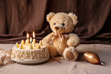 Teddy bear with birthday cake and candles on a brown background.の素材