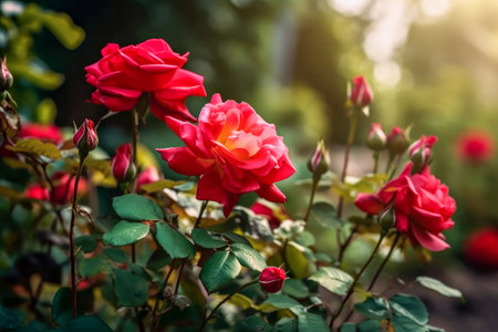Beautiful red roses in the garden. Natural background with flowers.の素材