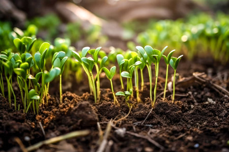 Green seedling illustrating concept of new life and freshness in early springの素材