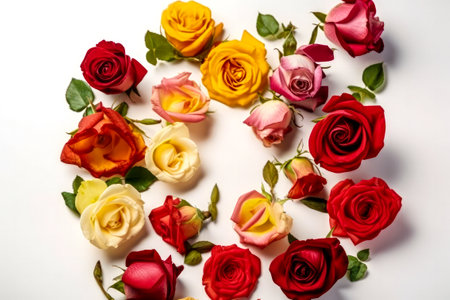 Colorful roses on a white background. Red, yellow and pink roses.の素材