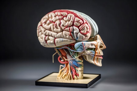 Human brain model with internal organs on a black background.の素材