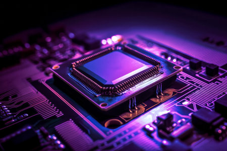 Circuit board close-up. Technology background. Motherboard digital chip.の素材