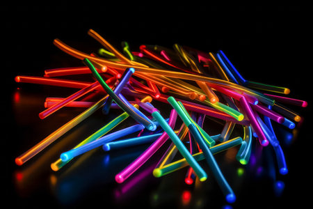 Colorful plastic straws on a black background, close-upの素材