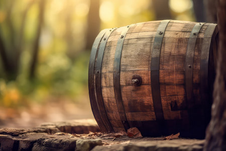 Wooden barrel on the background of the autumn forest.の素材