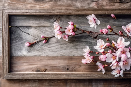 Wooden frame with pink sakura flowers on rustic wooden backgroundの素材