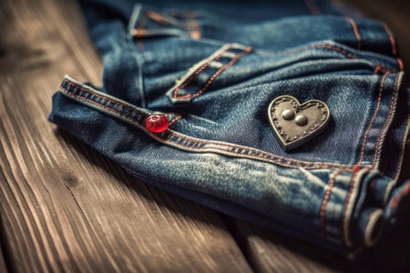 Jeans with heart on wooden background.の素材