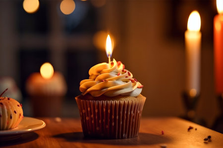 Birthday cupcake with burning candle on wooden table in dark roomの素材