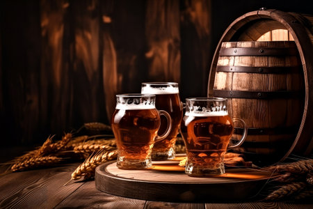 Still life with two glasses of beer and barrel on a wooden backgroundの素材