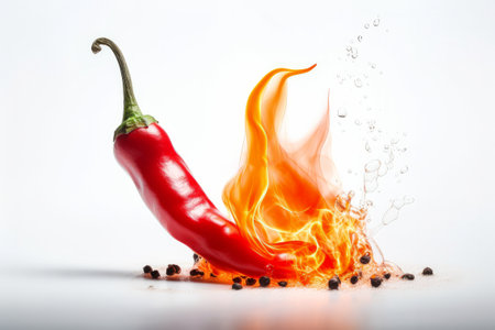 Red hot chili pepper with fire flames and black pepper on white backgroundの素材