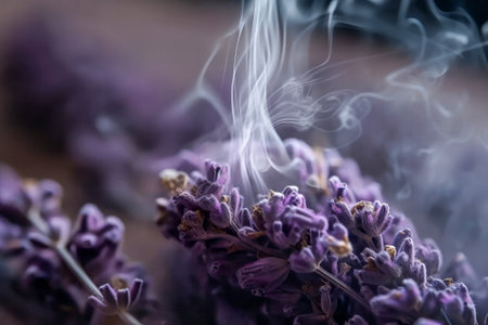 Lavender flowers and smoke on a wooden background.の素材