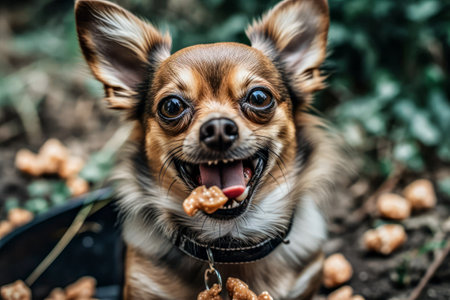 Chihuahua dog sitting on the ground with a bowl of dry foodの素材
