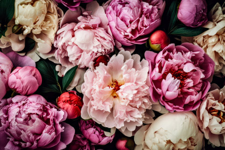 Pink and white peony flowers background. Flat lay, top view.の素材