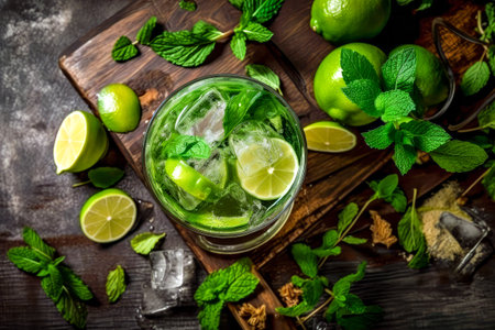Mojito cocktail with lime, mint and ice on wooden backgroundの素材