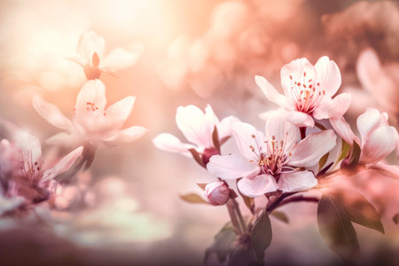 Beautiful blooming branch of cherry on a blurred background.の素材