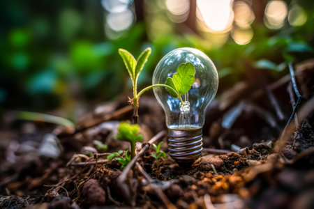 Green plant growing inside of a light bulb in the forest. Ecology conceptの素材