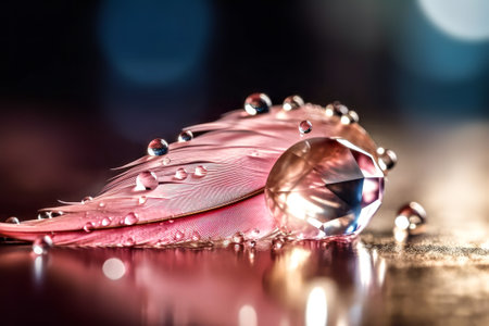 Beautiful pink feather with water drops on it.の素材