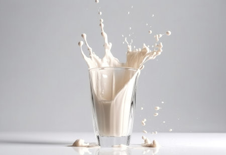 Milk splashing out of a glass on a white background.の写真素材
