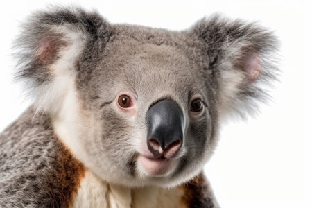 Close-up of a koala looking at camera, isolated on whiteの写真素材