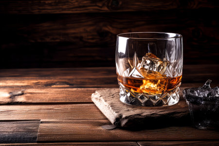 Whiskey on the rocks with ice cubes on a wooden backgroundの素材
