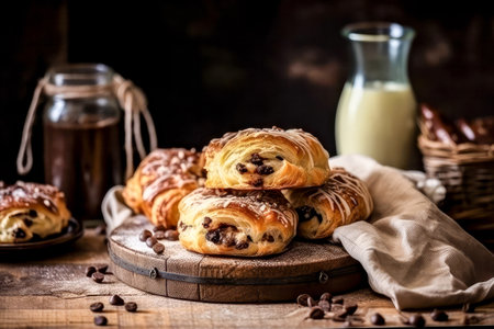 Chocolate croissant with raisins on a wooden tableの素材
