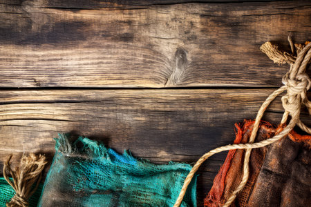 Fishing nets on a wooden background. Top view. Copy space.の素材