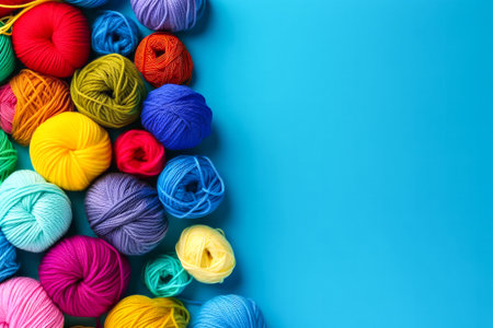 Multicolored balls of yarn on a blue background, top viewの素材