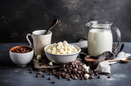 Coffee with milk, chocolate and marshmallow on a dark backgroundの素材