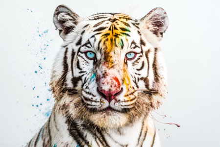 Close up of a white tiger with paint splatter on white backgroundの写真素材