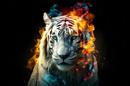 Close-up of white tiger with colorful fire flames on black backgroundの写真素材