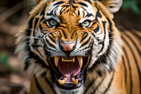Close up of Sumatran Angry tiger growling with an open mouth and a formidable grin